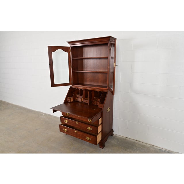 1970s Henkel Harris Georgian Solid Cherry Wood Drop Front Secretary Desk With Bookcase Hutch, 1970s For Sale - Image 5 of 12