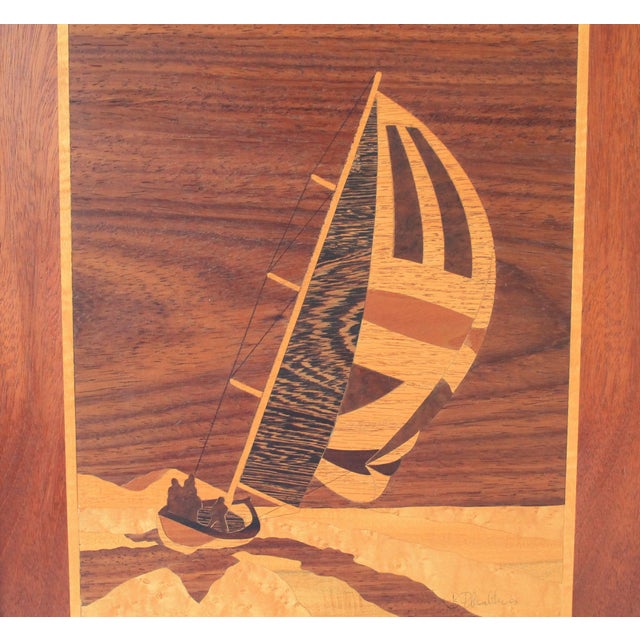 Mid-Century Modern Vintage Framed Handmade Inlay Marquetry Picture - Sailboat For Sale - Image 3 of 5