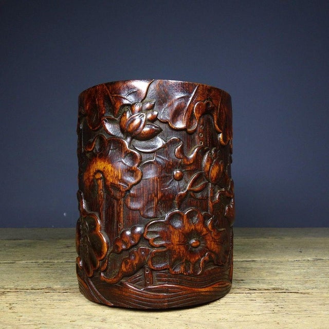 Vintage Chinese Bamboo Carved "Lotus & Crab" Brush Pot - 480g For Sale - Image 4 of 9