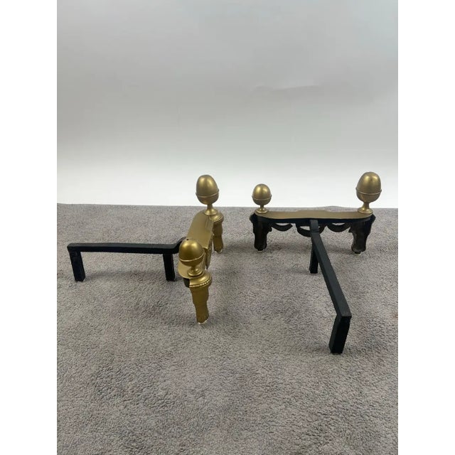 1950s Vintage French Louis XVI Brass Andirons With Acorn Finials & Swag Detail, a Pair For Sale - Image 5 of 9