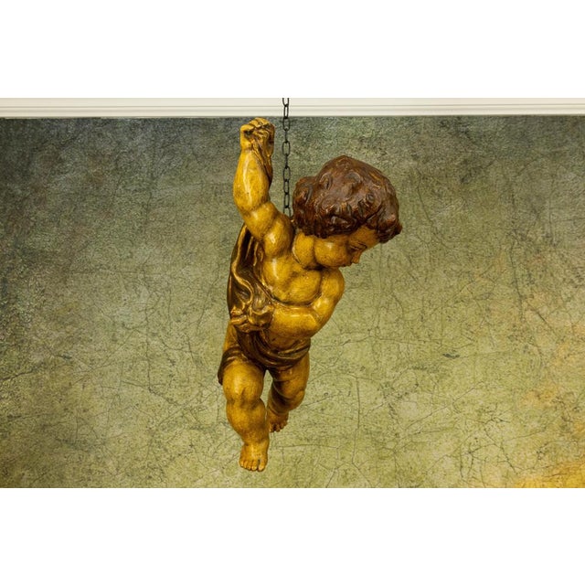 German Baroque Revival Style Polychromed Carved Wood Putto Figure For Sale - Image 6 of 18