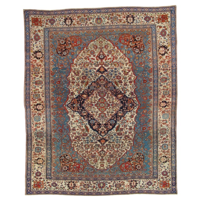 Antique Persian Mohtasham Kashan Carpet, Ivory ground, Ivory Border, Blue, Green For Sale - Image 18 of 18