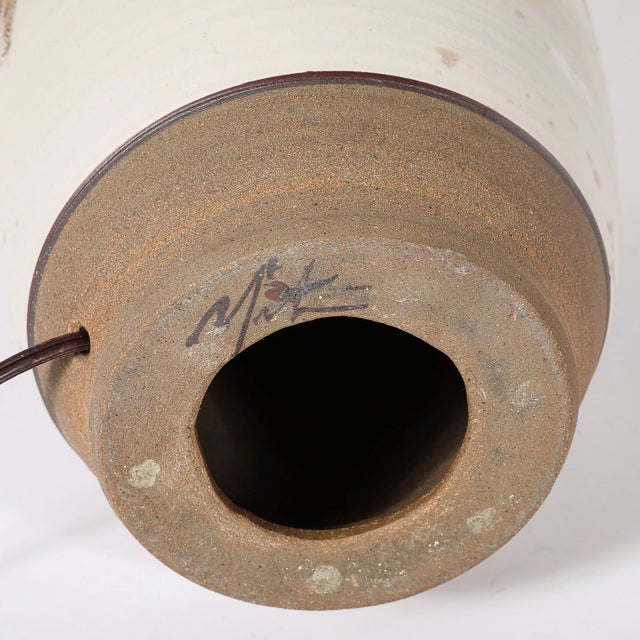 Pair of Mid-Century Modernist Off White Ceramic Table Lamps W/ Banded Detailing For Sale - Image 12 of 12