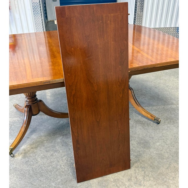 Vintage Stanley Furniture American Craftsman Cherry Banded Double Pedestal Regency Dining Table For Sale - Image 10 of 12