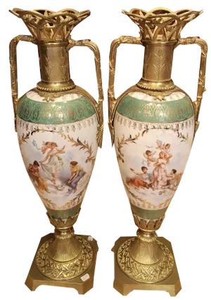 Classical Style Gilt Bronze and Porcelain Decorative Vases, Set of 2