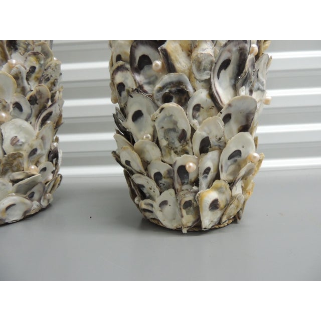 Vintage Wabi Sabi Tall Round Encrusted Oyster Shells Vases With Faux Pearls - Set of 2 For Sale - Image 10 of 11