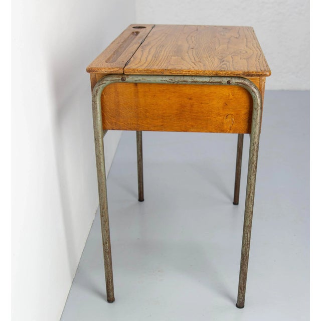 Mid 20th Century Student Oak & Iron Writing Table Slant Top Desk, France, 1950s For Sale - Image 4 of 12