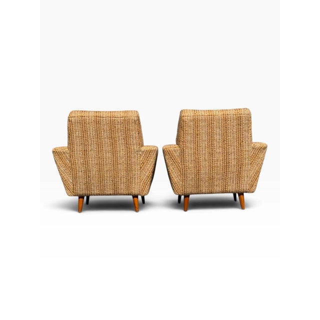 Wood Pair of Danish Modern Lounge Chairs | Sculptural Flared Arms in Woven Tweed | Tapered Wood Legs | C. 1960s For Sale - Image 7 of 16