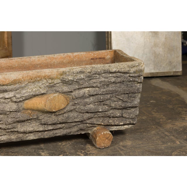 Rustic Pair of Faux Bois Midcentury Trough Shaped Concrete Planters, circa 1930 For Sale - Image 10 of 12