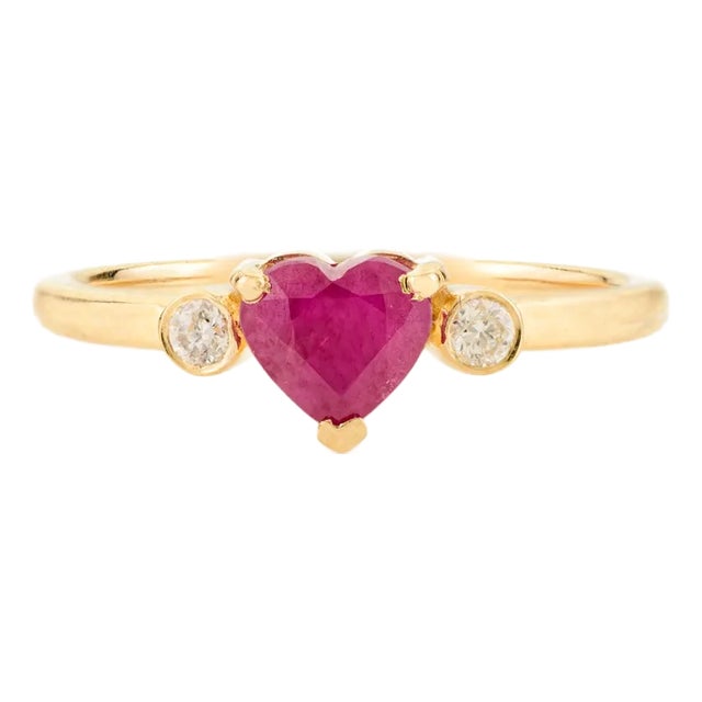 14k Natural Ruby Diamond Three Stone Gold Heart Ring Size 5 For Sale