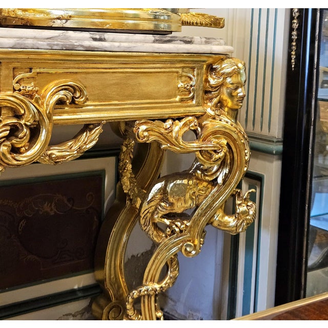 French Grand French-Style Console Table – Marble Top With Ornate Gold Leaf & Gilded Bronze Details For Sale - Image 3 of 7