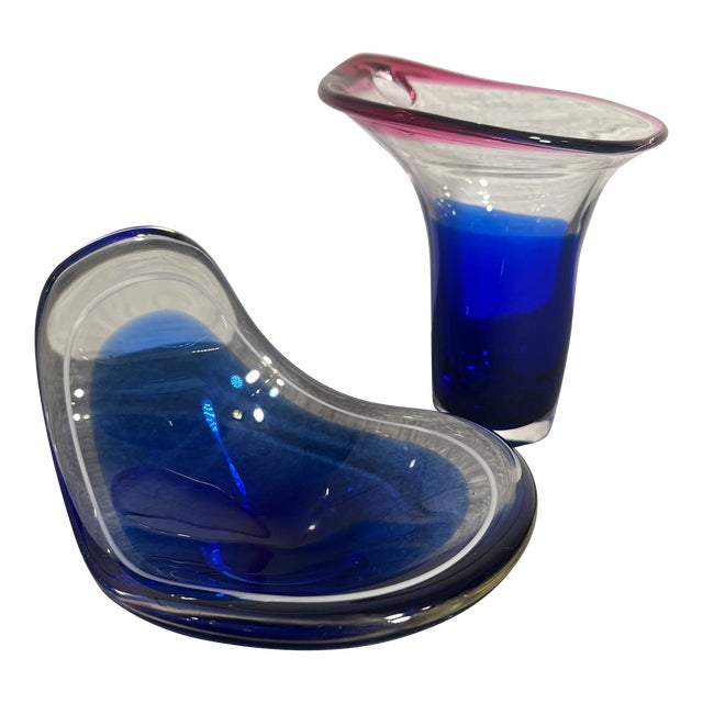 Mid 20th Century Flygsfors Coquille Glass Bowl & Vase Set- 2 Pieces For Sale