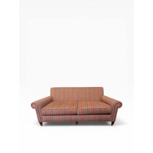 Wood 1990s Hancock & Moore Upholstered Sofa With Casters – Custom Patterned Fabric, 74” For Sale - Image 7 of 9