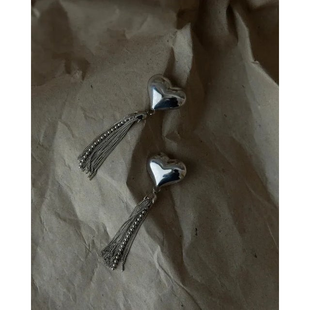 Vintage Silver Heart Earrings with Chains, Set of 2 For Sale - Image 5 of 11