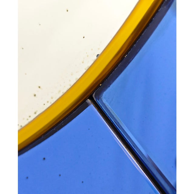 Blue Vintage Circular Wall Mirror in Cobalt Blue Glass and Brass from Cristal Art, 1950s For Sale - Image 8 of 12