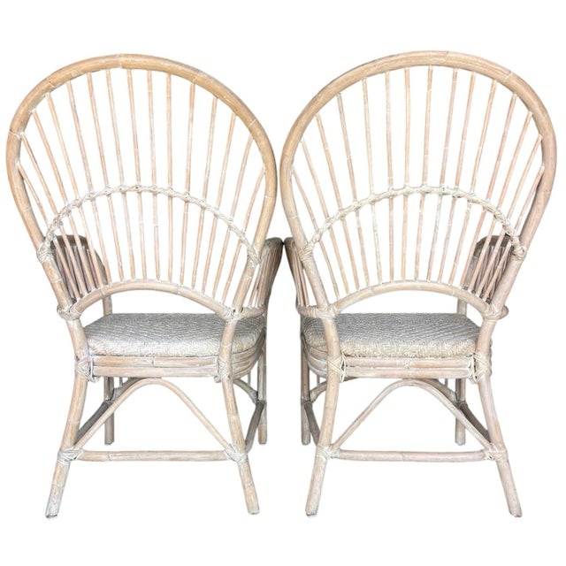 Late 20th Century Vintage Coastal Rattan Fan Back Armchairs With Woven Seats, a Pair For Sale - Image 5 of 12