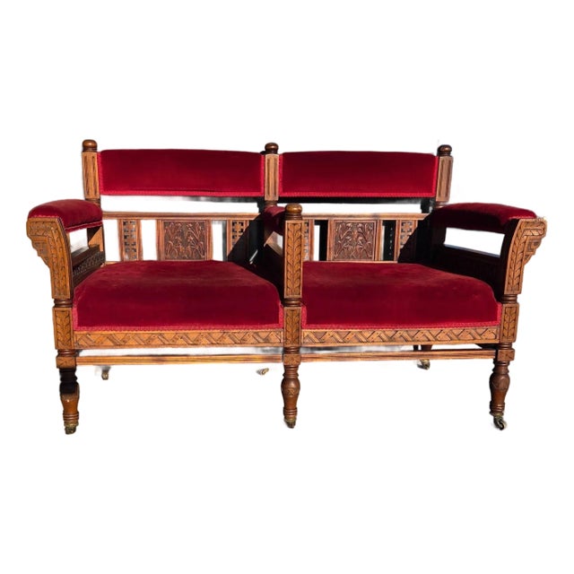 19th C Victorian Church Altar Bench Red Velvet Carved Wood 52" For Sale