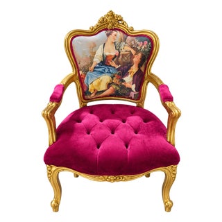 French-Style Burgundy Velvet Armchair – Tufted Upholstery With Ornate Gold Leaf Frame For Sale