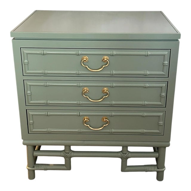 Ficks Reed Chinoiserie solid wood three drawer nightstand on a bamboo fretwork base. Professionally lacquered in Benjamin...