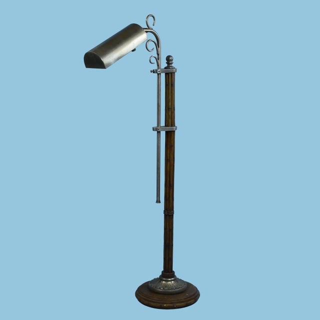 Pair of Faux Bamboo Adjustable Pharmacy Lamps in nice as found vintage condition. Each lamp features an elegant faux...