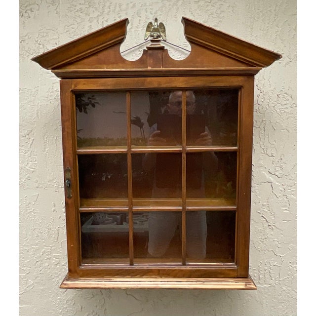 1950s Vintage Solid Wood Hanging Wall Cabinet / Curio & Brass Eagle Finial For Sale - Image 5 of 17