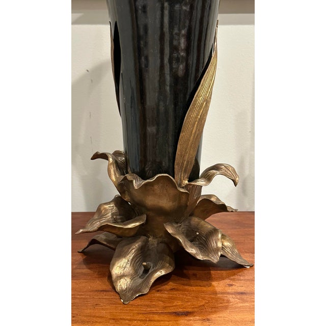 Ebony Art Nouveau Ebony Black Porcelain Centerpiece Vase With Bronze Lily Flower Ormolu Base For Sale - Image 8 of 10