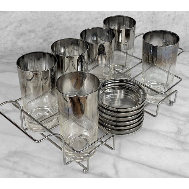1980s Mid-Century Chrome Silver Fade Tall Liquor Glass & Coaster Bar Serving Set - 13 pcs For Sale - Image 10 of 13