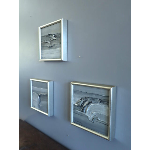 Textile 20th Century Modern 'Tidal Forms: A Study in Motion' Set of 3 Mini Abstract Oil Paintings, Framed For Sale - Image 7 of 12