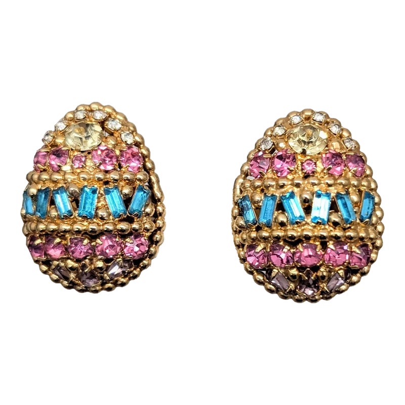 Vintage 1964 Signed Napier Ad Piece Pastel Rhinestone Easter Egg Earrings-2 Pieces
