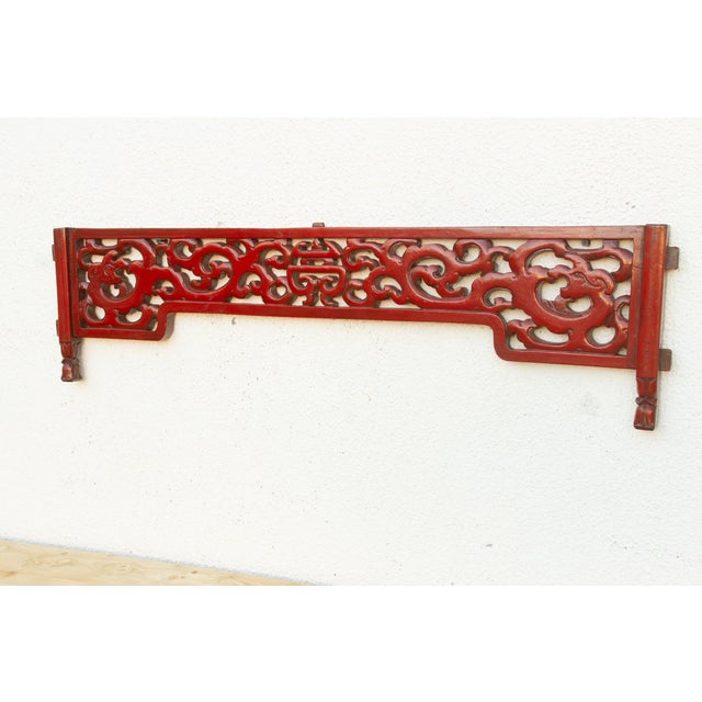 Chinese Antique Red Laquered Dragon & Clouds Lintel Carving For Sale - Image 3 of 6