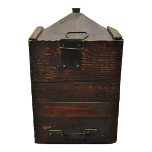 Antique Tin Metal Export Transport 5 Gallon Canister Container With Wood Case