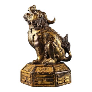 Solid Bronze Gilded Pi Yao Sculpture, Seated Fortune Beast on Bagua Octagonal Base, Chinoiserie Wealth Guardian Statue For Sale