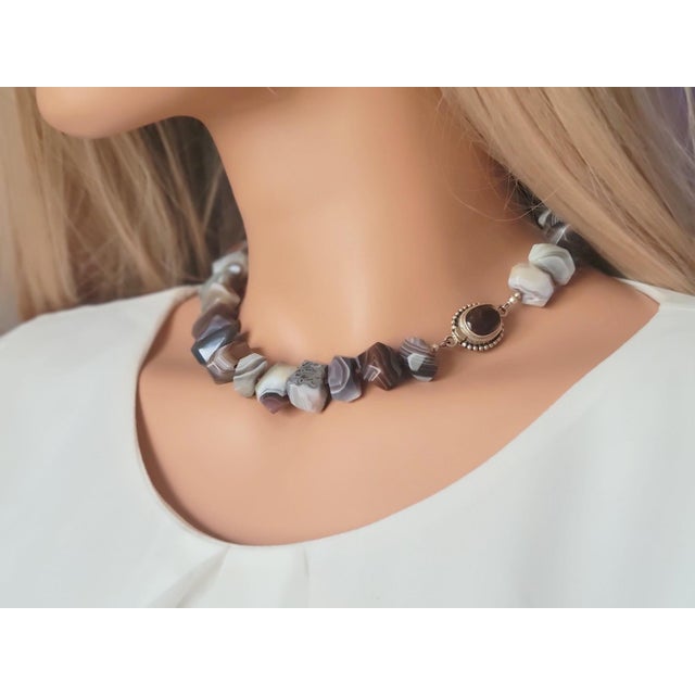 Metal Botswana Agate Garnet Necklace With Fire Agate Clasp For Sale - Image 7 of 7