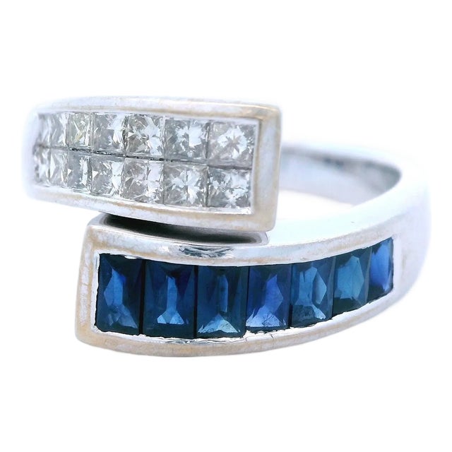 1980s 14k White Gold Natural Sapphire & Diamond Bypass Ring, Size 6.75 For Sale