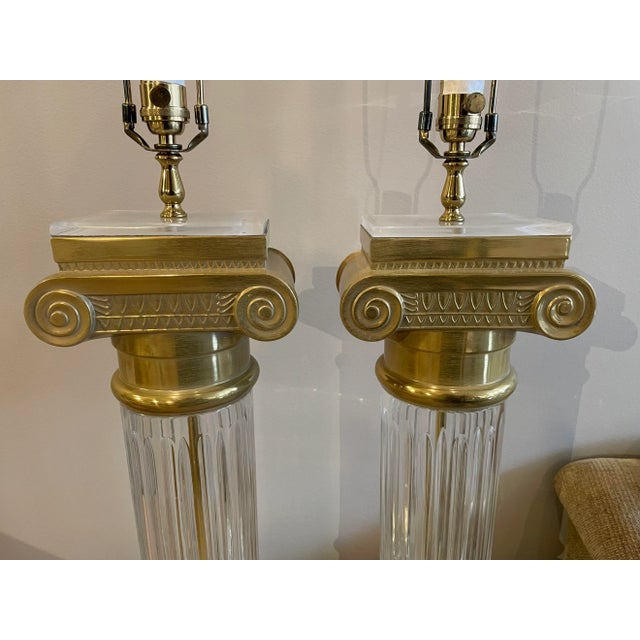Mid-Century Modern Vintage Oversized Brass and Crystal Lamps- a Pair For Sale - Image 3 of 11