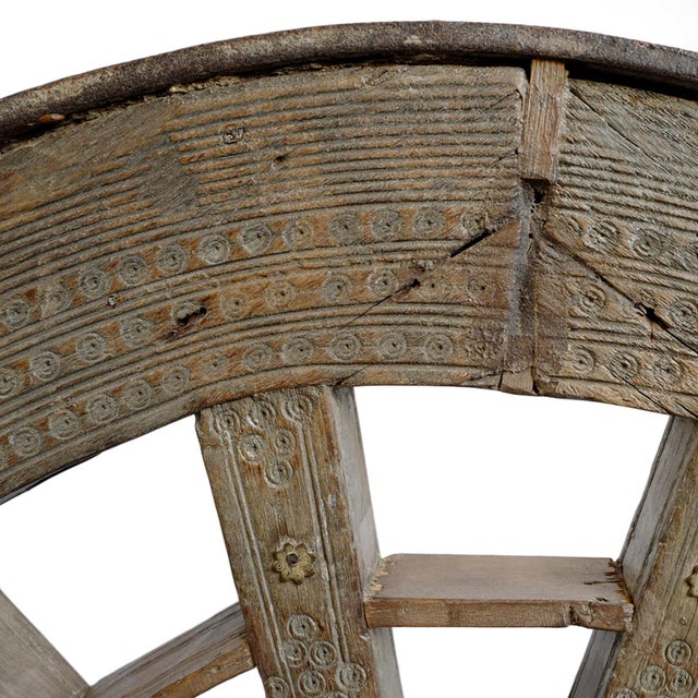 Antique Rustic Farmhouse Ox Cart Wheel on Stand For Sale - Image 4 of 4