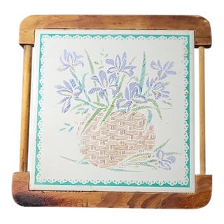 1960s Orient Ceramic Tile Trivet Oak Wood Frame For Sale