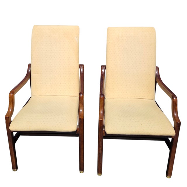 1980s 2 Henredon Scene One Campaign Dining Room Armchairs MCM Oak Brass For Sale In Philadelphia - Image 6 of 14