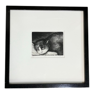 1980’s Original Vintage “Lazy” Cat Etching Signed Original Frame