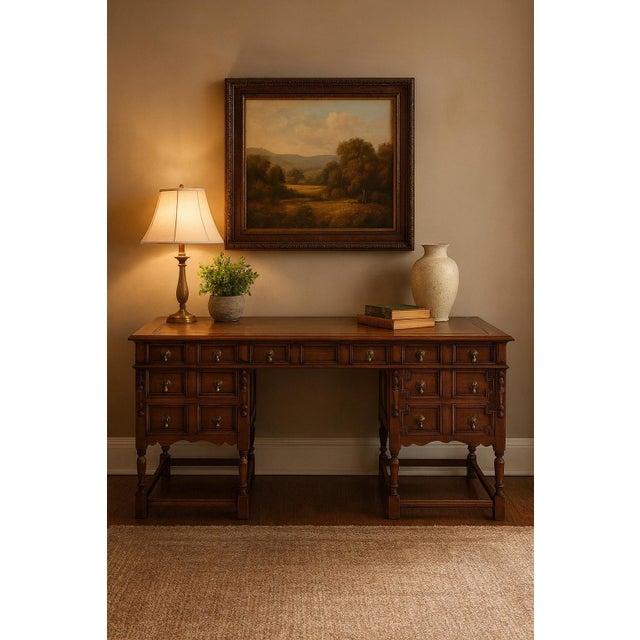 This is an incredible piece! It is a heavily carved walnut William and Mary style desk by R.G. Kittinger. This was crafted...