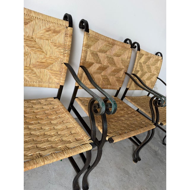 Organic Modern Hand-Wrought Iron & Woven Raffia Armchairs – Set of 4 For Sale - Image 10 of 13