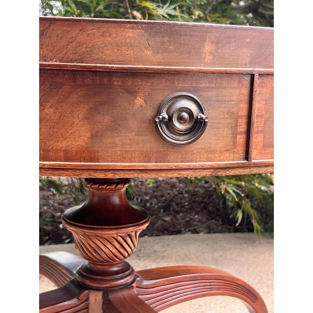 Vintage Regency Style Mahogany Red Leather Top Drum Table Carved Base For Sale - Image 4 of 9
