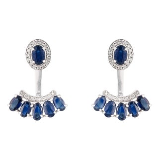 4.16ct Natural Deep Blue Sapphire and Diamond Jacket Earrings in 14k White Gold- A Pair For Sale