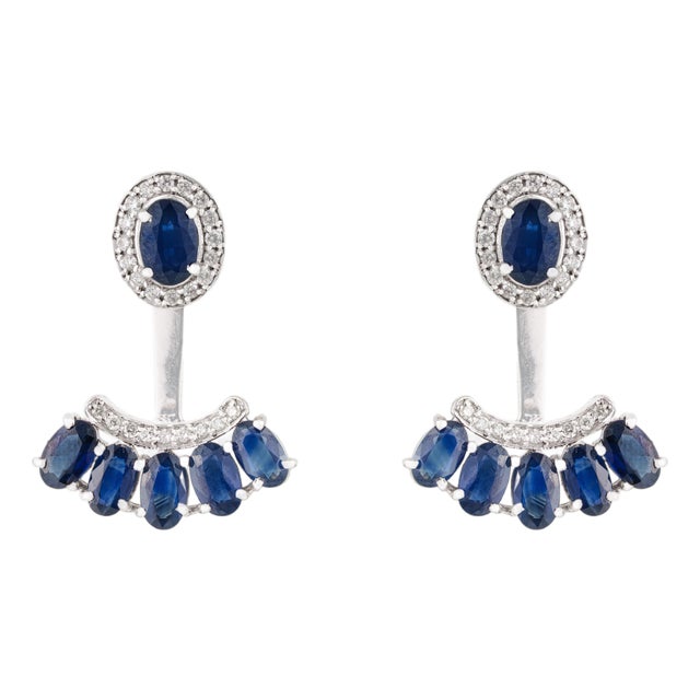 4.16ct Natural Deep Blue Sapphire and Diamond Jacket Earrings in 14k White Gold- A Pair For Sale