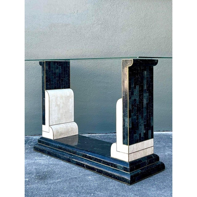 Art Deco Vintage Boho Tessellated Stone and Brass Inlay Console Table For Sale - Image 3 of 10