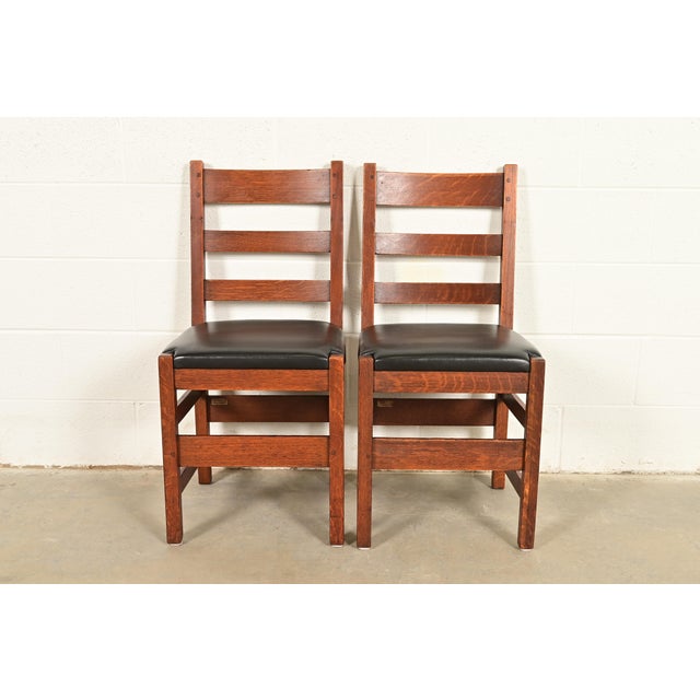 Mission L. & J. G. Stickley Antique Mission Oak Arts & Crafts Ladder Back Side Chairs or Dining Chairs, Pair For Sale - Image 3 of 14