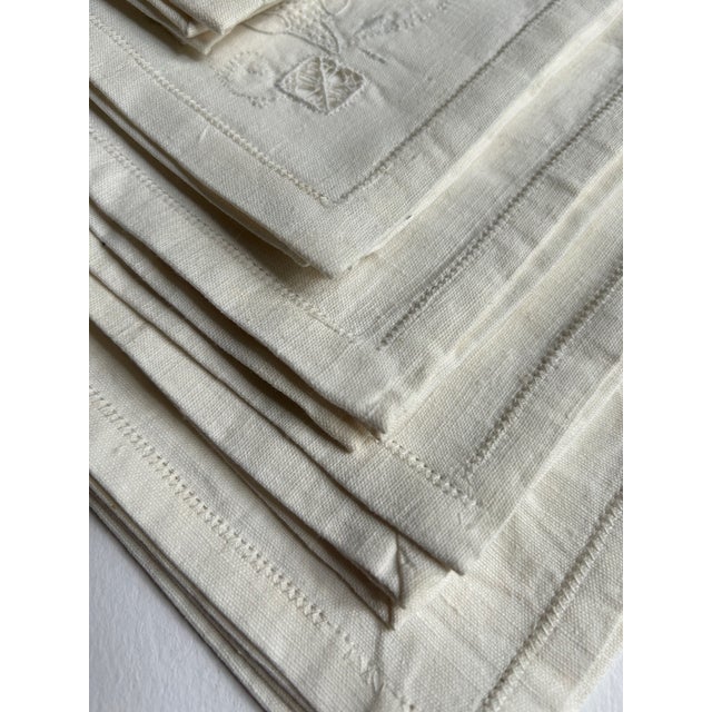 Set of 6 Mid 20th Century Off White Linen & Cotton Dining Napkins With Cut Work For Sale - Image 9 of 16