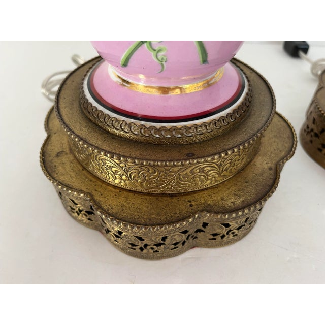 Early 20th Century 1940s French Floral Urn Lamps & Shades - A Pair For Sale - Image 5 of 10