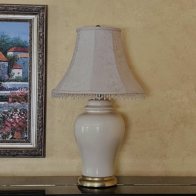 Vintage American Ivory Glazed Ceramic Table Lamp With Brass Base and Embossed Bell Shade For Sale - Image 18 of 18