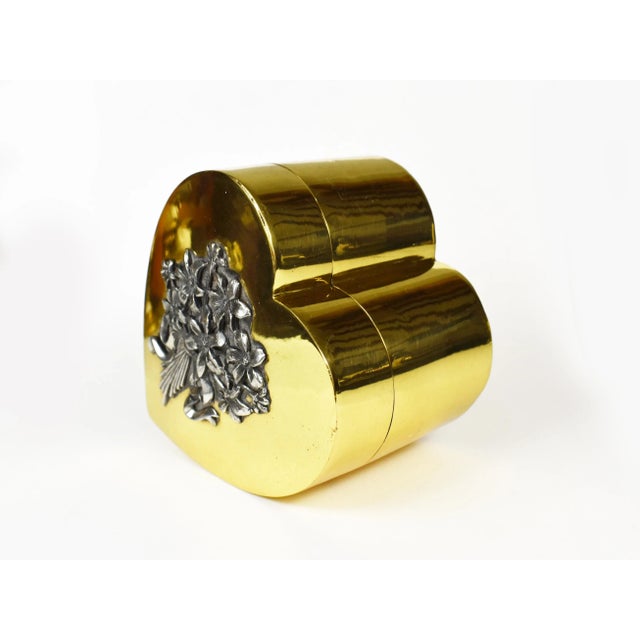 Vintage Gold Brass Heart Shape Trinket Jewelry Box With Flower For Sale - Image 4 of 11